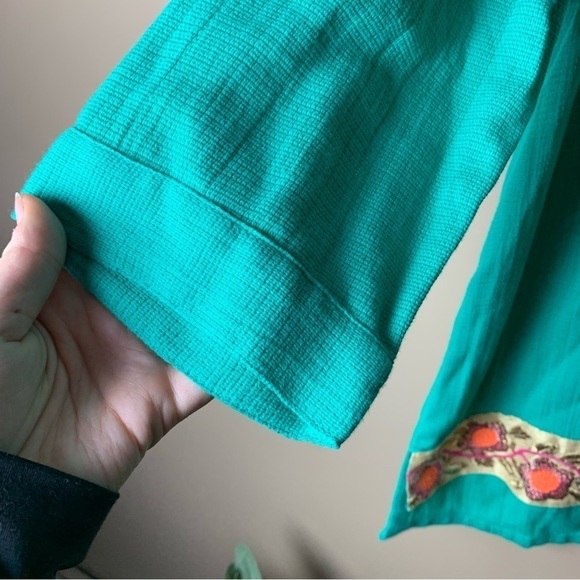[Soft Surroundings] Aqua Green/Blue Beaded Embroidered Boho 3/4 Sleeve Top - Picture 3 of 8